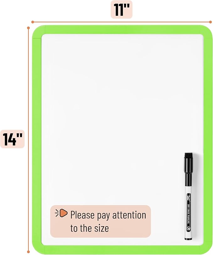 Mr. Pen- Dry Erase Board, 14” x 11” with a Black Dry Erase Marker, Lawn Green Frame, Small Mini White Board for Students, Fridge, Wall, Locker, Includes Double Sided Tapes