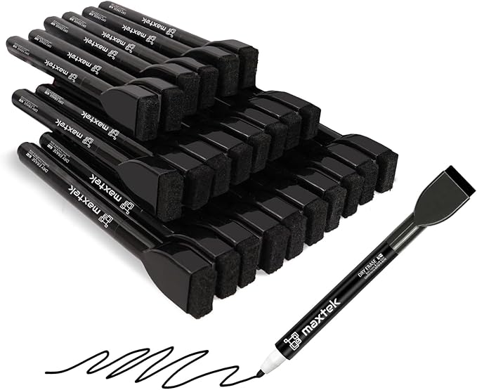 maxtek 24 Count Magnetic Black Dry Erase Markers, Fine Tip Whiteboard Markers with Eraser, Thin Markers Low Odor for Classroom, Office, Home