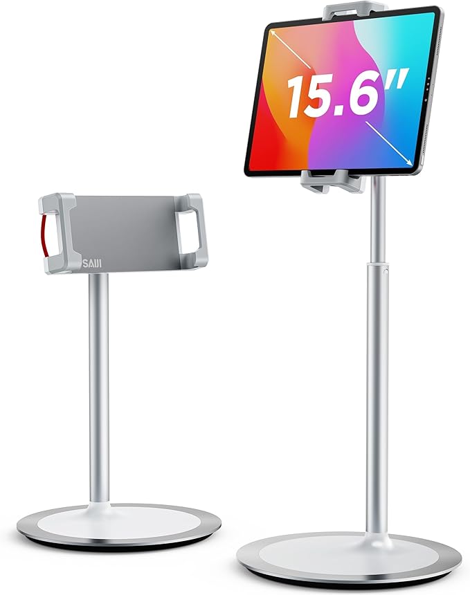SAIJI iPad Stand for Desk - Tablet Holder Extra-Height 360° Rotating Adjustable Aluminum Alloy Cradle for 4.7"-15.6" iPhone Samsung Kindle Portable Monitor (Silver)