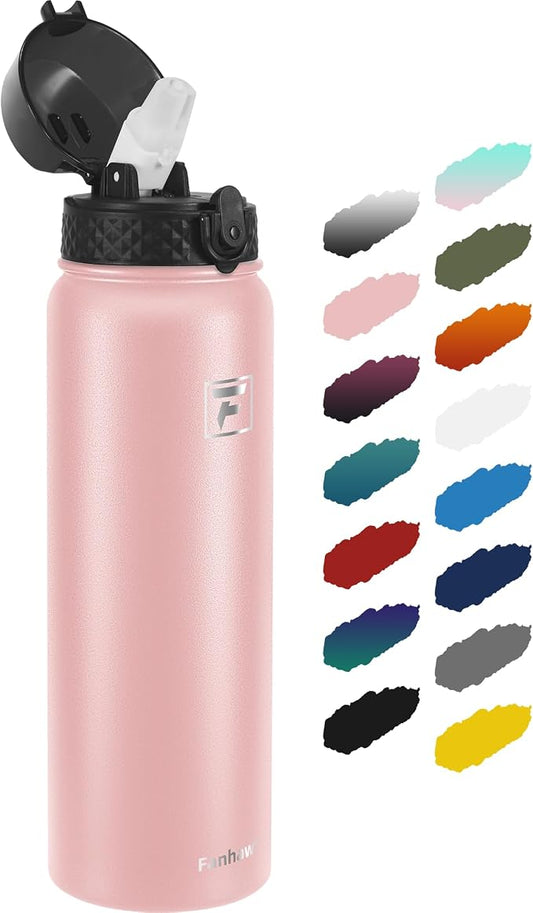 Fanhaw 32 Oz Kids Insulated Stainless Steel Water Bottle with Straw Lid, Leakproof & Anti-Dust Everyday Use Bottle for School, Women & Men, Back to School Essentials (Pink)