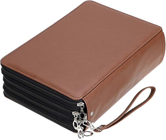 BTSKY 200 Slots Colored Pencil Organizer - Deluxe PU Leather Pencil Case Holder With Removal Handle Strap Pencil Box Large for Colored Pencils Watercolor Pencils Brown