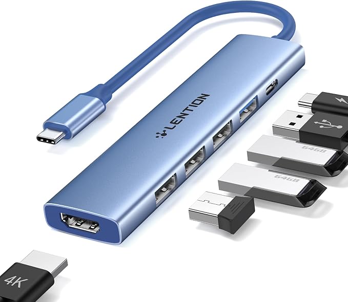 LENTION USB C Hub Multiport Adapter with 100W PD Charging, 4K HDMI, 4 USB-A Data Ports, Type C Hub for 2016-2026 MacBook Pro/Air/Neo, Surface, Chromebook, USB Splitter for iPhone 15-17(CH17, Blue)