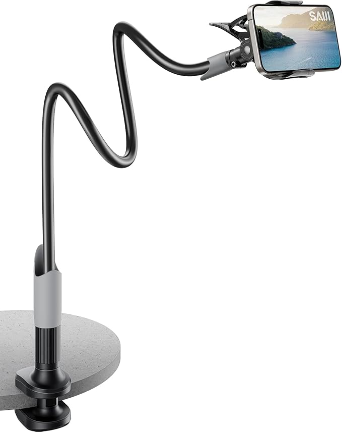 SAIJI Gooseneck Bed Phone Holder, Flexible Long Arm Phone Mount for Desk, Clip Bracket Clamp Stand, iPhone Stand, Mobile Cell Phone Stand Document Camera Nintendo Switch (Black)