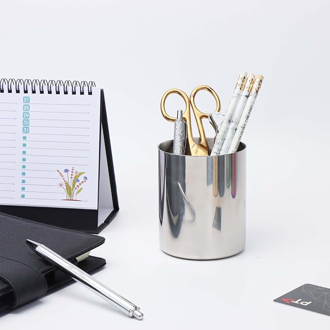 MEI YI TIAN Stainless Steel Cylinder Pen Holder Silver Desktop Organizers Pencil Cup Stand Up Multi Use Makeup Brush Holder Flower Vase Mini Pot Decor