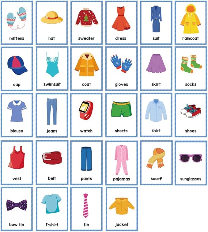 Lachilly Clothes Learning Flashcards, High Frequency Words, Beginning Reading, Kindergarten to 1st Grade, ESL Teaching Materials, Autism Learning Materials, Vocabulary Building, 15 Cards, 28 Words