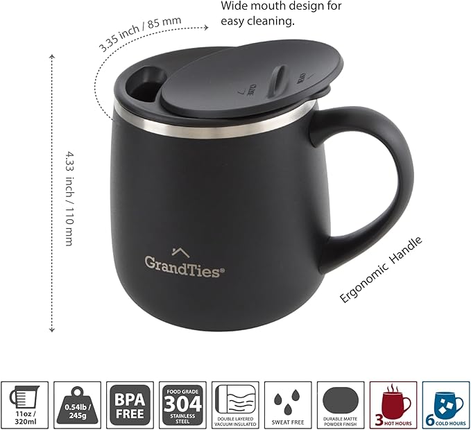 GRANDTIES 11oz Insulated Coffee Mug with Sliding Lid, Wine-Glass Shape Thermal Tumbler with Double Walled Vacuum Stainless Steel to Keeps Beverages Hot or Cold (Midnight Black)