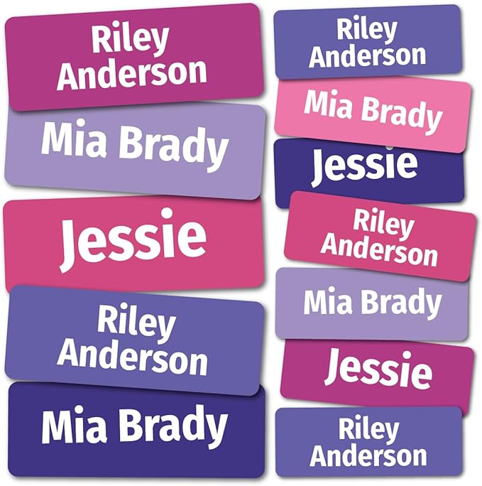 Kids Personalized Name Labels for School, Camp, Daycare (128 Labels) Custom Peel and Stick Waterproof Name Tags Stickers for Water Bottles, Lunch Boxes, Clothing, School Supplies (Berry Colors)