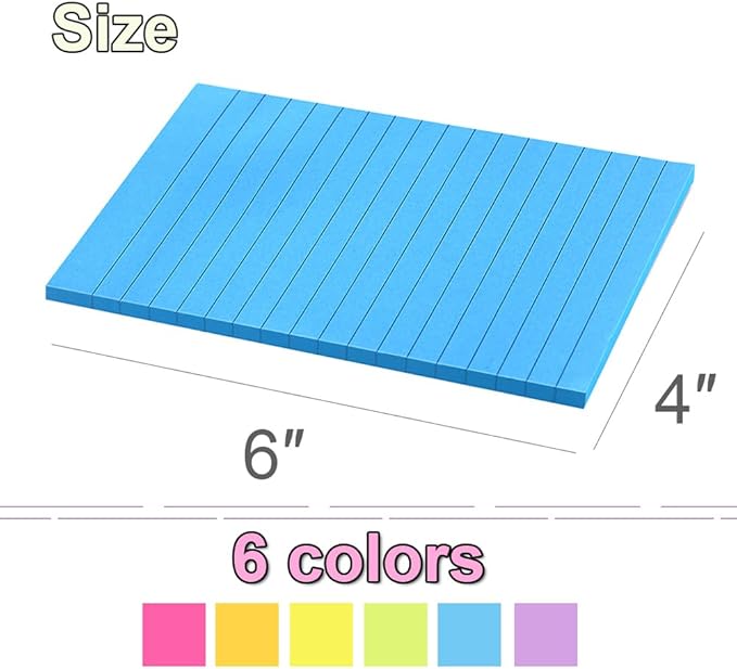 (36 Pack) Lined Sticky Notes 4x6 in,Large Notepads with Lines,Ruled Stickies Super Sticking Power,Office School Memo Note Pads Bright Colors,Post on Windows Doors,Recyclable,Easy to Write on
