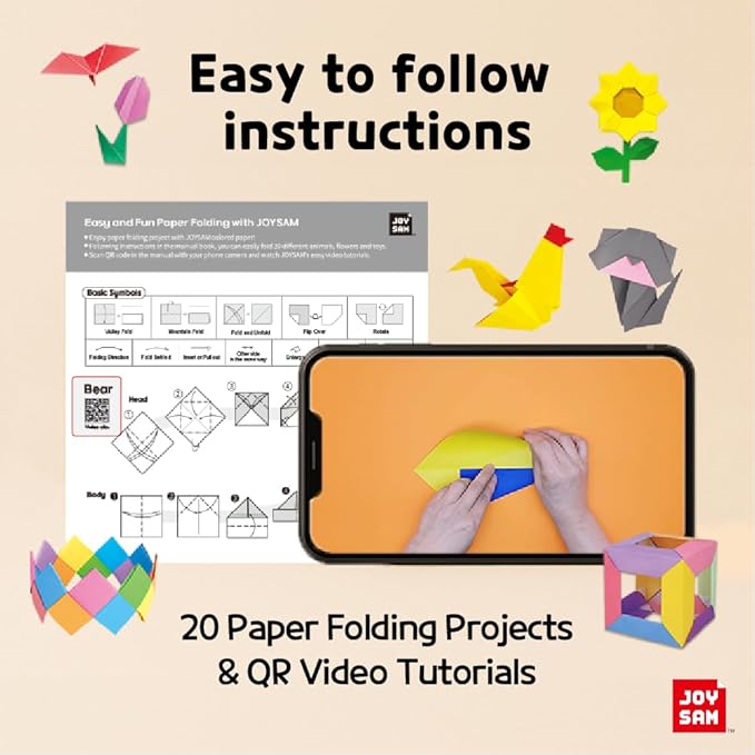 Origami Paper kit for Kids Ages 5-8 8-12, made in Korea, Double sided colored, 500 sheets, 50 Colors, 6x6 Square, DIY art craft projects, easy guide book, QR Video tutorial included