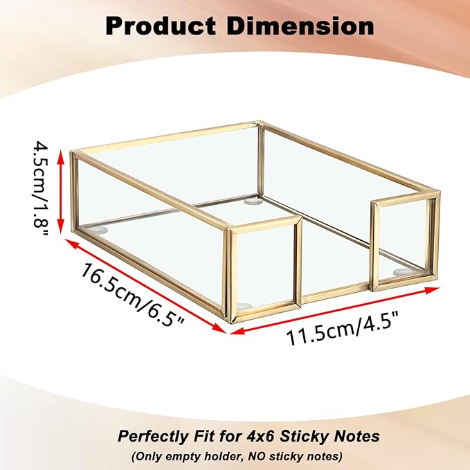 BTSKY Golden Glass Sticky Note Holder for 4x6 Inch Sticky Notes, Elegant Post It Note Dispenser with Non-Slip Pads Clear Notepad Holder for Desk Organization Planning, Home Office Decor