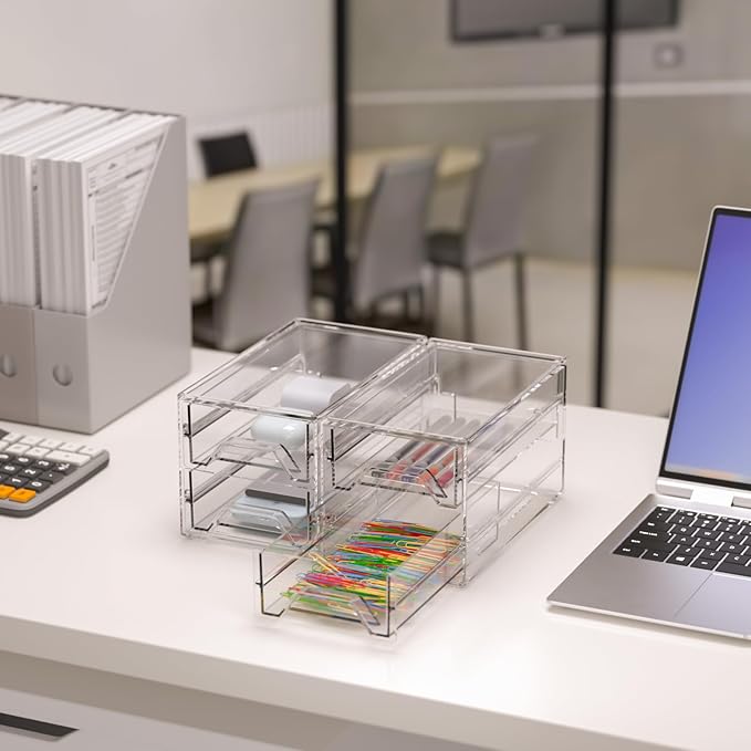 Clear Acrylic Desktop Organizer Drawers - Stackable Plastic Storage for Makeup, Craft Supplies, and Office Stationery - Transparent Vanity Cabinet & Aesthetic Desk Declutter Unit