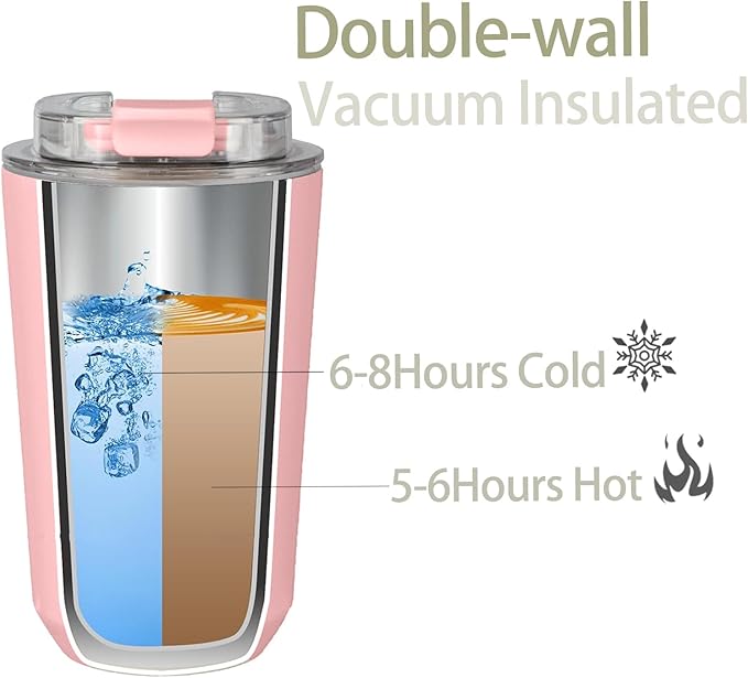 DEQIANG Travel Coffee Cup, Coffee Cup Travel with Lid, Insulated Coffee Mug for Hot & Cold Beverages, Great Gift Choice for Coffee Lovers, Office Workers, Hikers & Commuters (Pink, 12 oz)