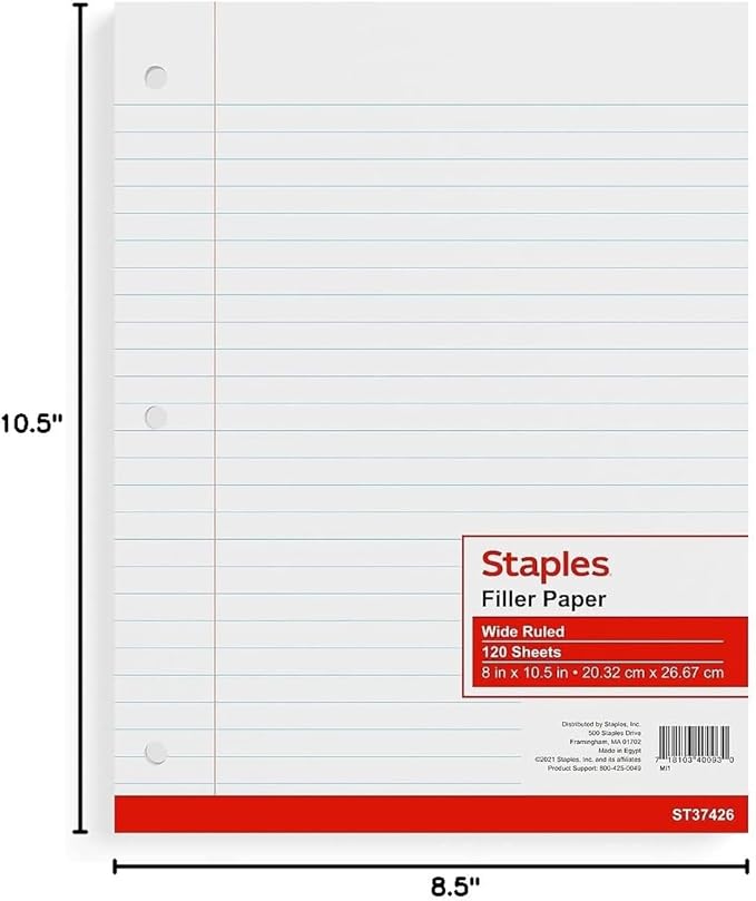 STAPLES Wide Ruled Filler Paper, 8” x 10.5”, 120 Sheets/Pack, 36‑Pack