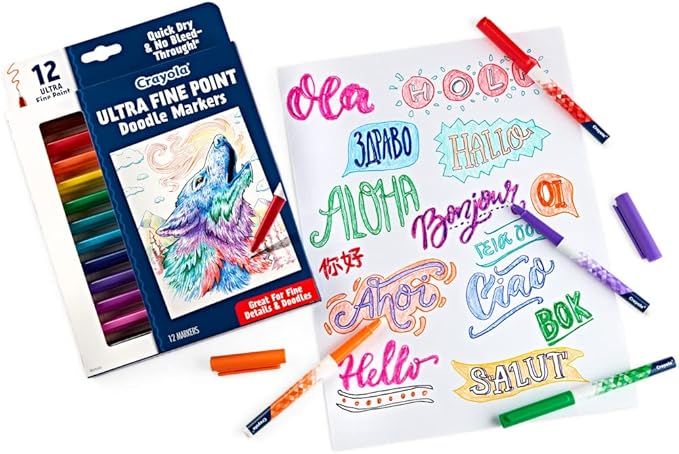 Crayola Ultra Fine Point Markers (12ct), No Bleed Markers for Adult Coloring Books, Doodle Art Marker Set, Lettering, Calligraphy, Drawing