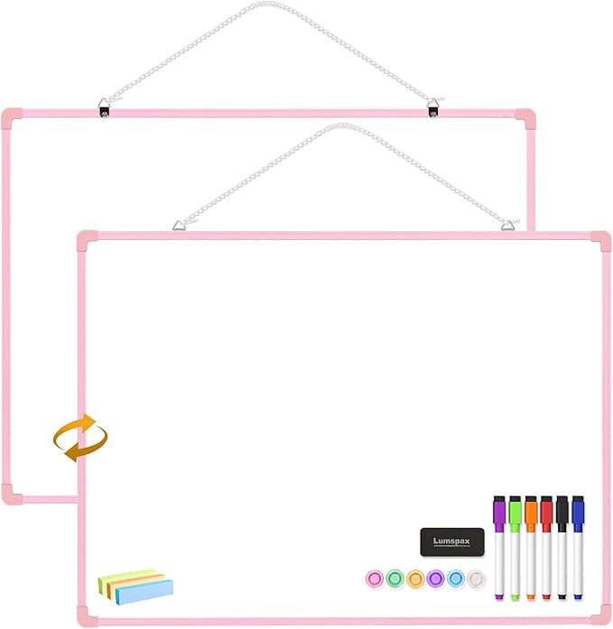 Dry Erase Board for Wall, 24" x 18" Double-Sided Hanging Magnetic Whiteboard with 6 Markers, 6 Magnets and 3 Mini Sticky Notes, Large White Board for School, Home, Office, Pink Frame