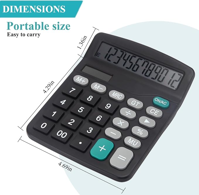 Desk Calculator, Basic Office Calculator with 12 Digits Large Display, Dual Solar Power and Battery, 4 Function Simple Calculation, Big Button for Office Home School(Black)