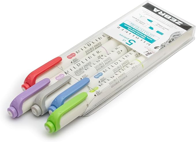 Zebra Pen Mildliner Dual-Tip Highlighter Set, Broad and Fine Tips, No Bleed, Ideal for Bible Highlighting, Journaling and Note-Taking, Assorted Cool and Refined Ink Colors, 5-Pack (78205)