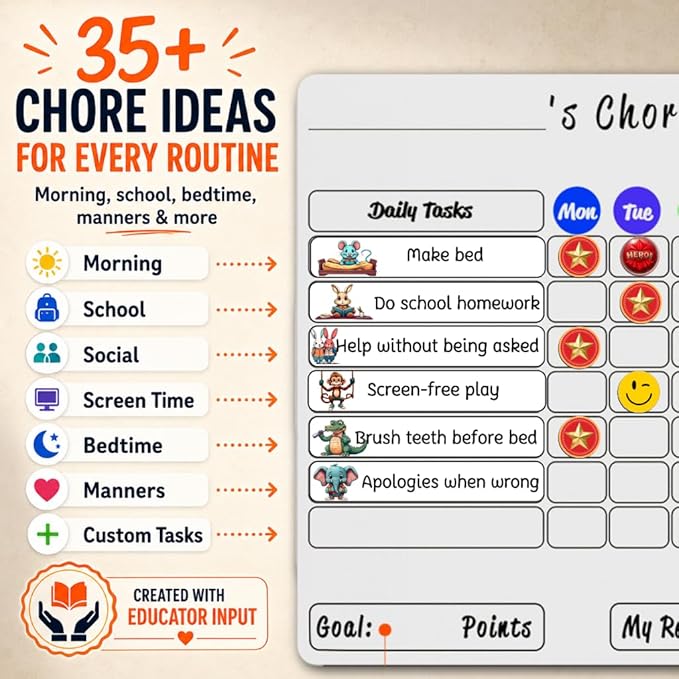 Mimi Doodle Magnetic Chore Chart for Kids – 16x12 Dry Erase Daily Responsibility Board for Fridge with 39 Chore tabs, 100 Reward Stickers – Behavior Chart for Kids at Home – Simple Theme