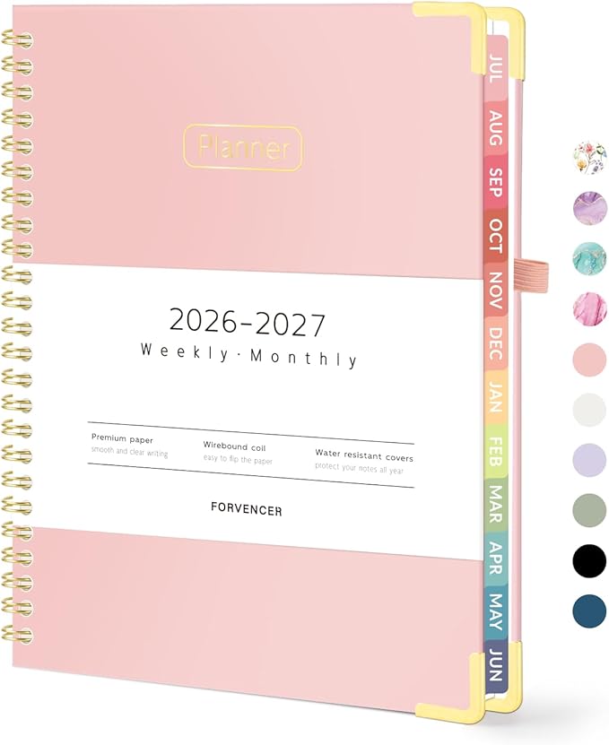 Forvencer Academic Planner 2026-2027, Hardcover Calendar Planner Weekly & Monthly, July 2026 - June 2027, 6" x 8", Daily Agenda with Tabs, College School Organizer for Student Teacher, Pink