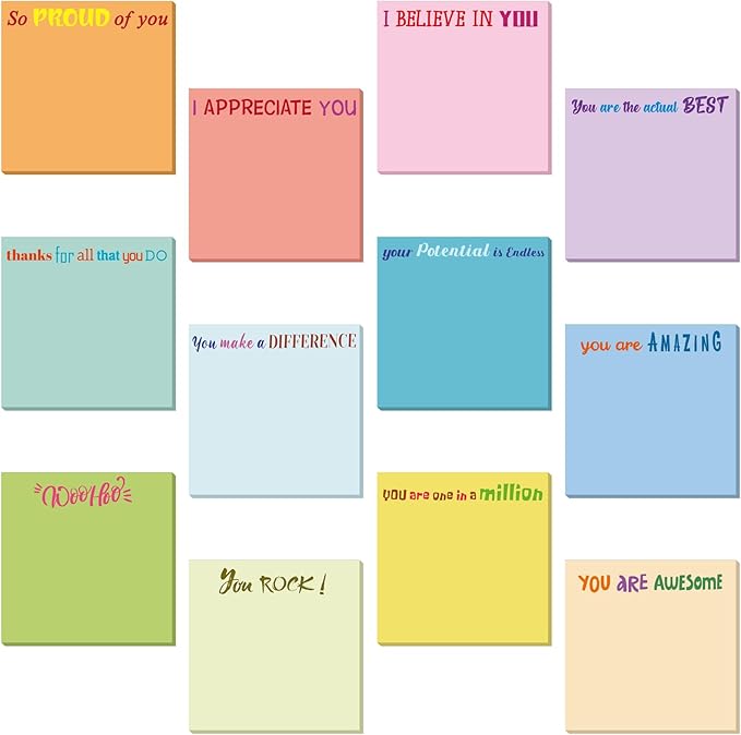 Yinder 12 Pcs Inspirational Sticky Notes Cute Motivational Sticky Notes Pad End of Year Employee Appreciation Gifts Bulk for Teacher Nurse Coworkers Office Supplies 3 x 3'' (Appreciation,Simple Color)