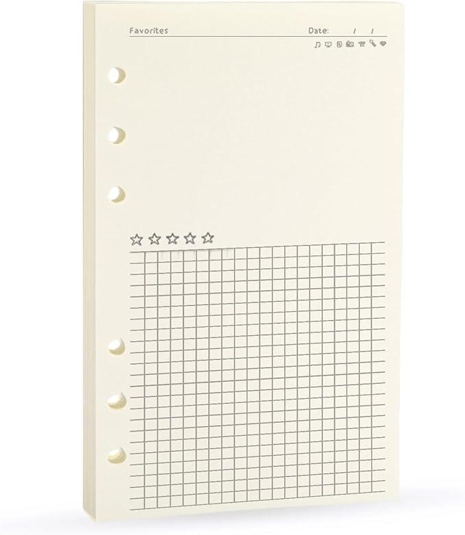 A6 Binder Refill,6 Ring Binder Inserts,for Filofax/Personal Journal, Blank and Grid, 45 sheets/90pages, 100Gsm Quality, Harphia (A6 3.74 x 6.77'',Noterecord)