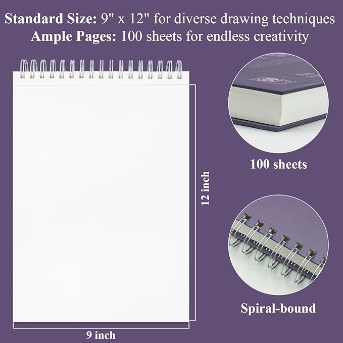 Purple Sketch Book for Women - 9"x12" Girls Sketchbook, 100 Sheets (73lb/120gsm) Drawing Paper for Kids, Art Supplies for Girls Ages 8-12, Beginners, and Adults, Mothers Day Gifts,1-Pack.