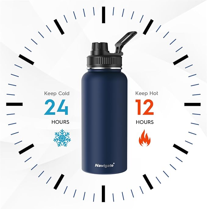 Navigate 32oz Insulated Water Bottle for Sports, Keep Cold 24H | 2-in-1 Spout and Handle Lids, Double Leak-Proof, 18/8 Stainless Steel, BPA-Free, Wide Mouth for Hiking,Dark Blue