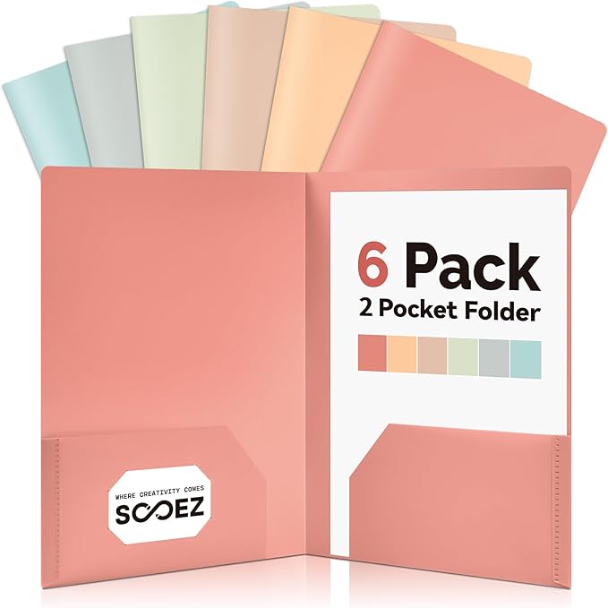 Sooez 6Pack Folders with Pockets, Pastels Colors, Heavy Duty Pocket Folder, Plastic Folders with Pockets, 2-Pocket Folder Bulk, Aesthetic File Folder, Back to School Office Filing Supplies
