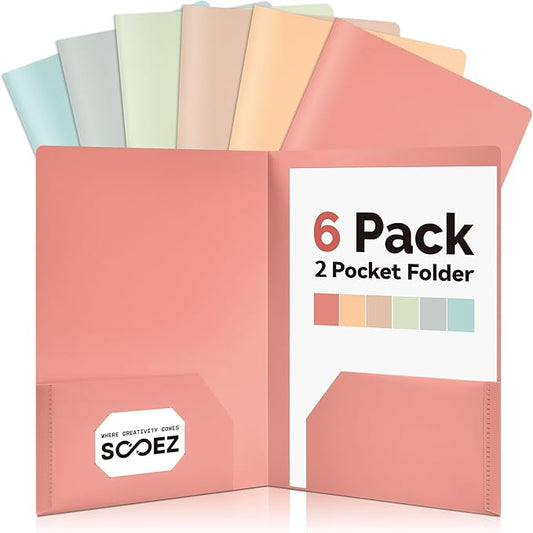 Sooez 6Pack Folders with Pockets, Pastels Colors, Heavy Duty Pocket Folder, Plastic Folders with Pockets, 2-Pocket Folder Bulk, Aesthetic File Folder, Back to School Office Filing Supplies