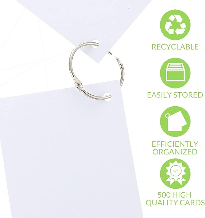 Yexiya 500 Pcs Index Cards with Rings Study Supplies Punched Lined Flash Cards with Holes Ruled Single Hole Notes and Metal Rings for Adults Office(3 x 5 Inch,Blank White)