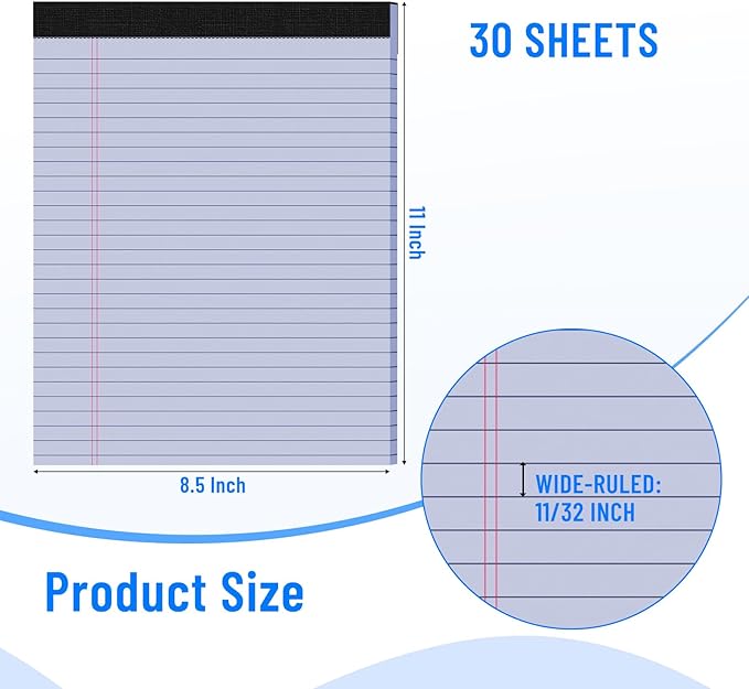3pcsLegal Pads 8.5 x 11, Notepads 8.5 x 11 Inch, Purple Note Pads Clear Print Writing Pads of Paper, Memo Pads , Perforate Legal Notepads Paper , Wide Ruled Lined with Sturdy Back,30 Sheets/Pack