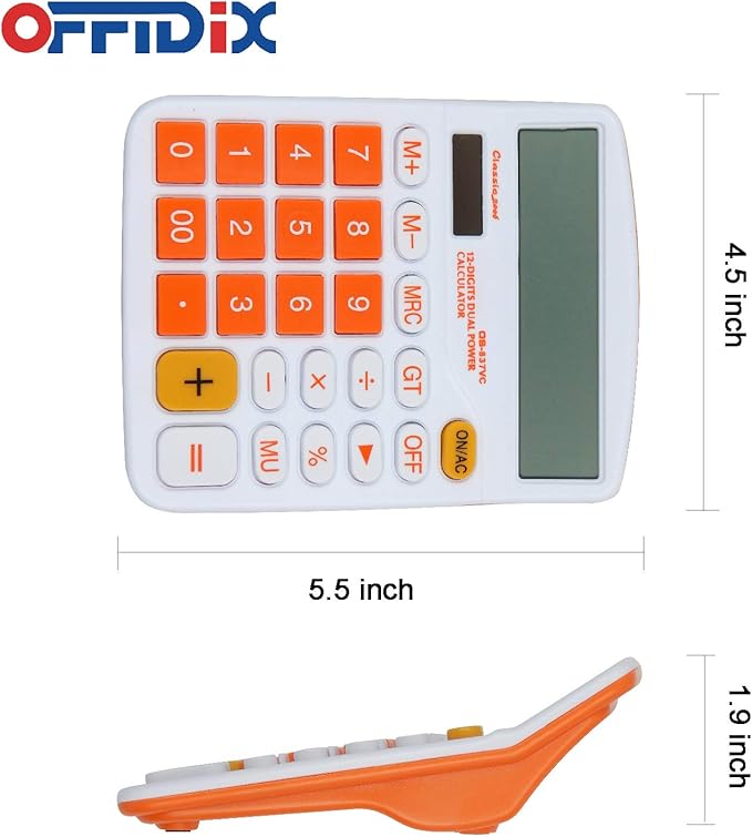 OFFIDIX Office Solar Desktop Calculator and Battery Dual Power Portable Electronic Calculator 12 Digits Large LCD Display Calculator Orange