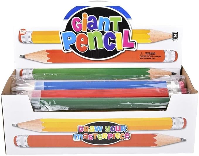Zugar Land Giant Pencil 15" (4 Colors Available: Orange, Yellow, Blue and Green) Real Wood. Already Sharpened. Large Wooden Jumbo Pencils with Pink Top Erasers (12 Pack (4 Colors))
