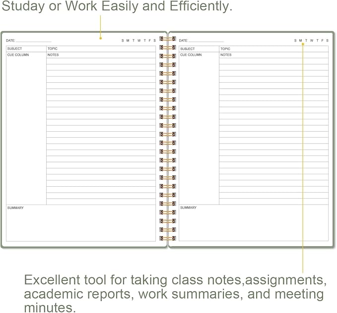 Yaridar A4 Cornell Notes Notebook - College Spiral Cornell Notebooks for Note Taking, Subject Ruled Steno Pads for Office/School/College/Home, 8.5" x 11", Green