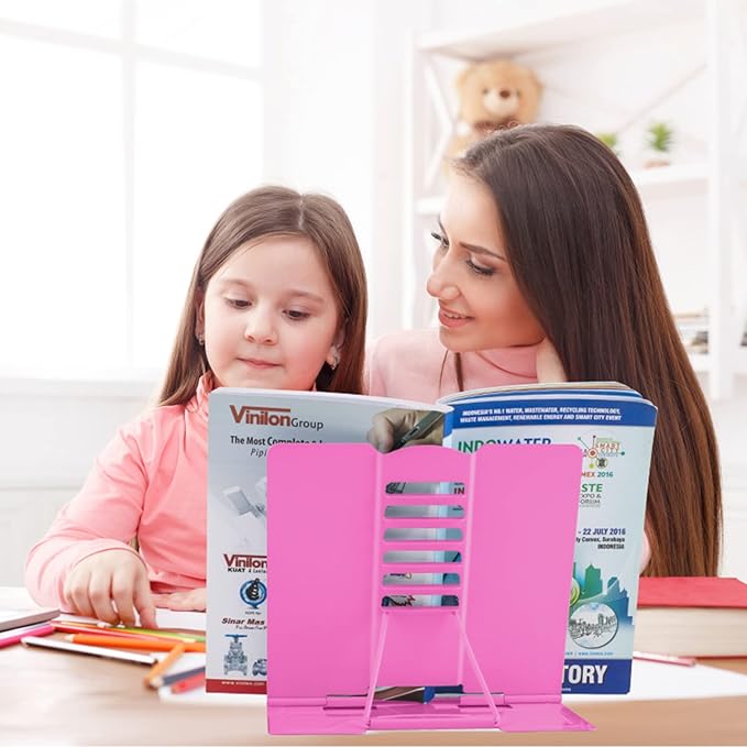 Honagu Book Stand Metal Desk Book Holder, Book Holders for Reading Hands Free, Adjustable Cookbook Documents Holder, Portable Bookstand for Music Books, Textbook, Recipe, Tablet, Ipad (Rose Red)