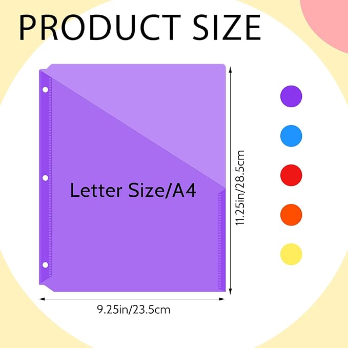 Maitys 5 Pack Binder Pockets 3 Hole Punch Clear Plastic Document Folders Binder Organizer Store Letter Size 8.5 x 11 Inch Paper Folders with Pockets Slash File Jacket for Office(Multicolor)