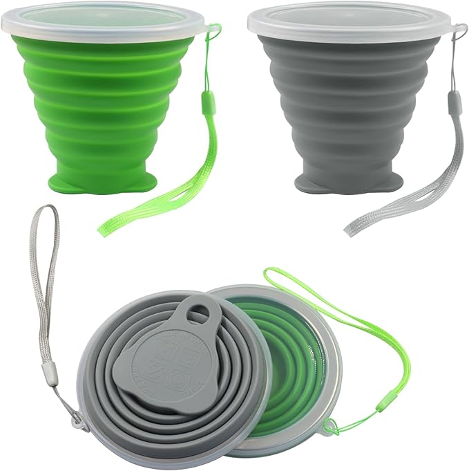 Bonsicoky 2 Pack Collapsible Cup, Folding Travel Mug with Lid, 270ml Portable Cup for Hiking, Camping, Outdoor & Daily Use, Green and Gray (Collapses to 0.55 Inch)