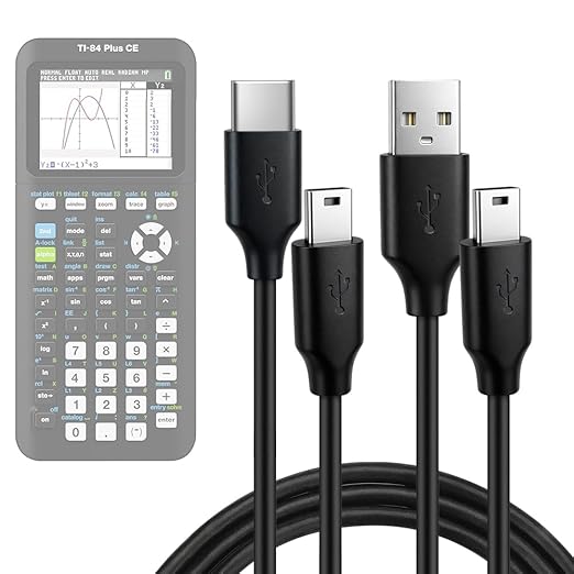 2-Pack USB and USB-C Charging Cables for TI-84 Plus CE, TI-84 Plus C Silver, TI 89 Titanium, and TI Nspire CX graphing calculators. Texas Instruments (TI) Calculator Accessories.