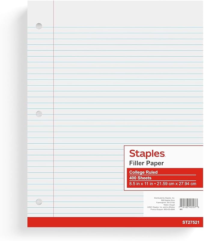 Staples College Ruled Filler Paper, 8 1/2 x 11-Inches (4800 Sheets)