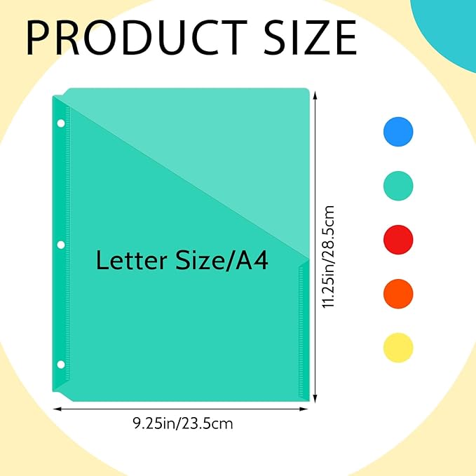 Maitys 5 Pack Binder Pockets 3 Hole Punch Clear Plastic Document Folders Binder Organizer Store Letter Size 8.5 x 11 Inch Paper Folders with Pockets Slash File Jacket for Office (Bright Colors)