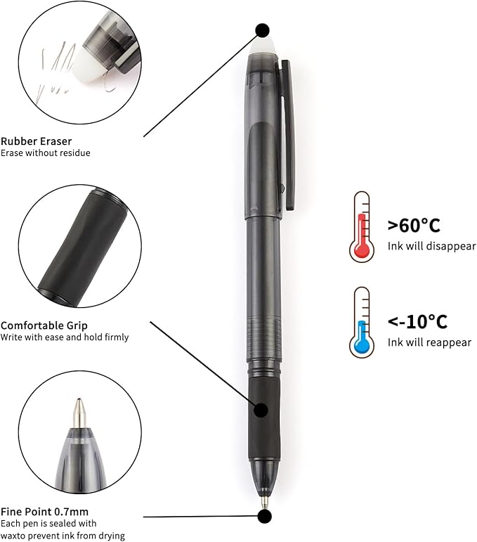 Volcanics Erasable Gel Pens 12 Pack, Soft Black Gel Ink Pens with Caps, 0.7mm Fine Point Erasable Pens for Office, Journaling & Writing