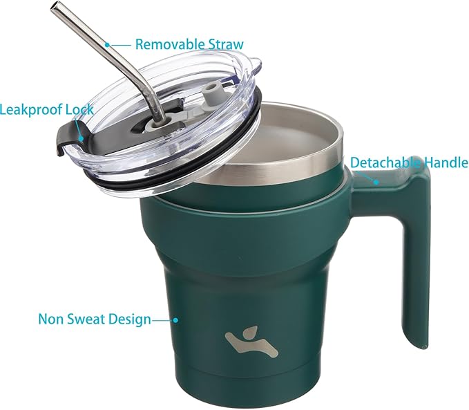 Konokyo 10 oz Tumbler with Handle and 2 Straw 2 Lid, Insulated Water Bottle Stainless Steel Vacuum Cup Reusable Travel Mug,Army Green