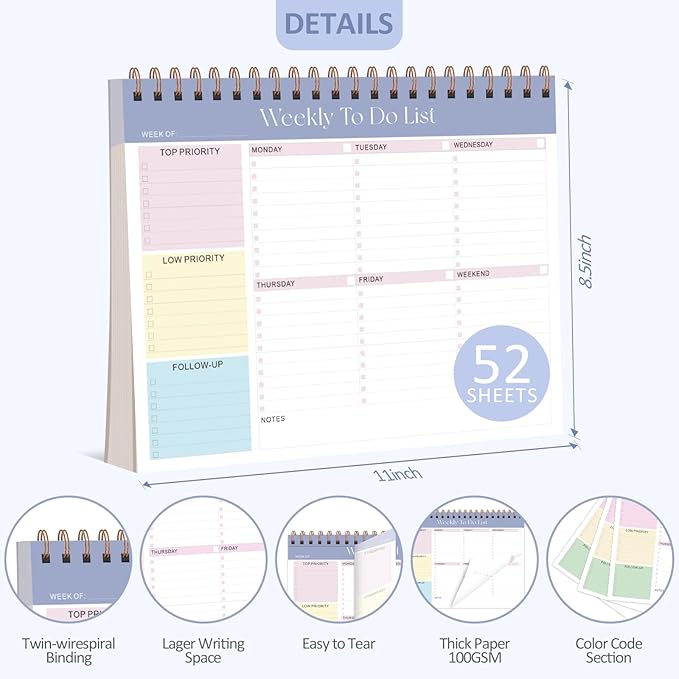 Weekly To Do List Notepad, 52 Sheets Undated Weekly Planner, 8.5"x11" Letter Size Horizontal Desk Pad with 100GSM Thick Paper, Twin-Wire Spiral Bound Tear Off Lined Organizer for Office Work, School & Home