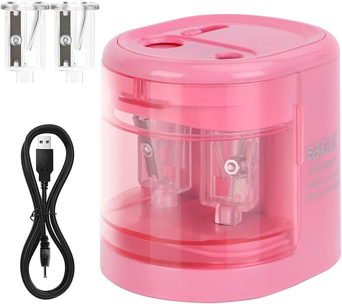 Eagle Electric Pencil Sharpener, Battery or USB Operated, Dual Holes, Dual Blades, fit for Pencils of Size 6-8mm and 9-12mm (Pink)
