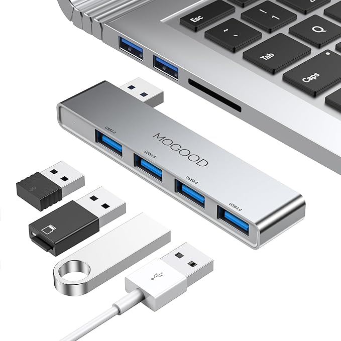 MOGOOD USB Hub 3.0, 4-Port Aluminum USB Splitter – Sturdy No-Cable Design, 1 USB 3.0 + 3 USB 2.0 Ports, Plug & Play Data Hub for Laptop, Desktop, Mac, Chromebook Ideal for Flash Drive, Mouse, Keyboard