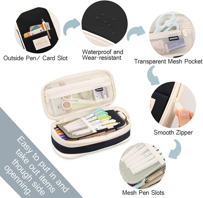 MAMUNU Expandable Pencil case with compartments, Large Capacity Pencil Cases Pencil Bag Pouch Office School, Portable Pencil Case Large School Stationery Organizer, Makeup Cosmetic Bag (Black)