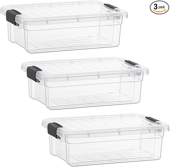 Superio Clear Storage Boxes with Lids, 1.27 Quart Plastic Container Bins for Organizing, Stackable Crates, BPA Free, Non Toxic, Odor Free, Organizers for Home, Office and Dorm, 3 Pack