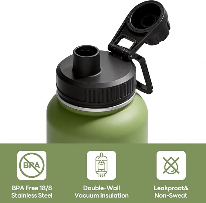 Navigate 40 oz Insulated Stainless Steel Sports Water Bottle with Spout & Handle Lids,Wide Mouth Water Jug with Double Walled Leak Proof Keep Cold for 24 Hrs Hot for 12 Hrs,Dark Green