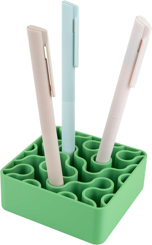 Modern Desk Pen & Pencil Holder Organizer | Unique Squiggle Design, Matte Finish, Non-Slip Rubber Feet | Stylish Office Desk Accessory & Storage for Home, Work, Classroom (Matte Green)