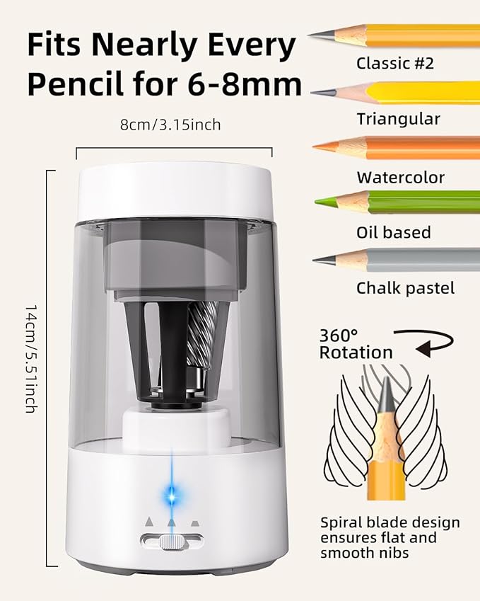 ZMOL Electric Pencil Sharpener for Colored Pencils, Rechargeable Hands-Free Pencil Sharpeners,Fully Automatic Robot Pencil Sharpener, Auto in & Out, Pencil Sharpeners for Kids Home